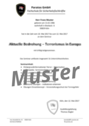 Terrorismus in Europa Urkunde - FFS Paratos Köln
